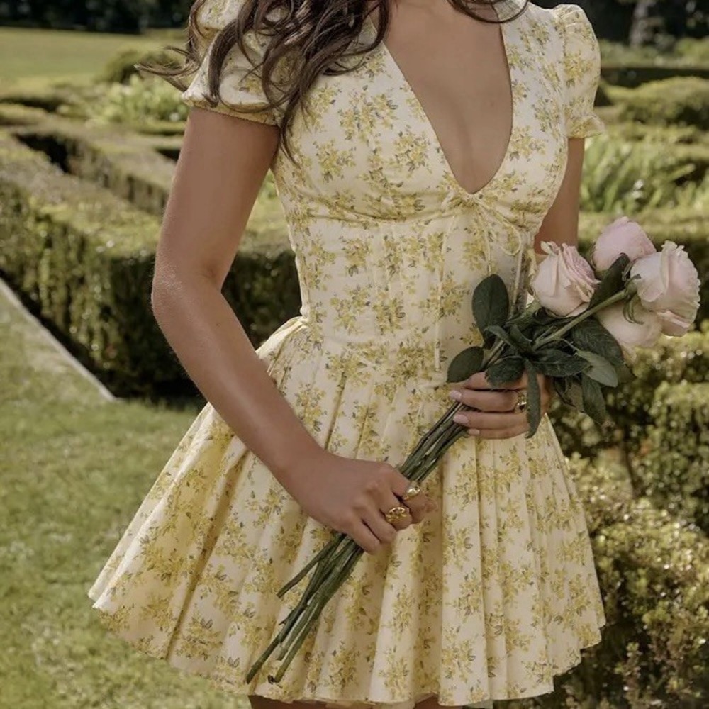 Petal & Pup Anais Imani V Neck Pleated Cotton Mini Dress Yellow Floral Sz 6